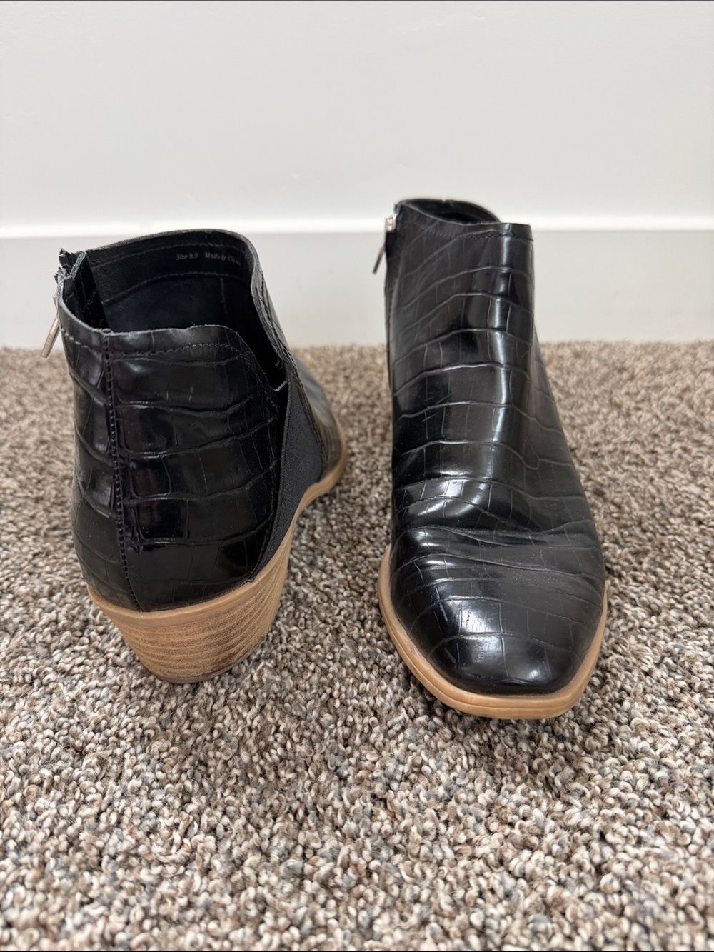 Dolce Vita Black Croc-Embossed Ankle Booties with Tan Stacked Heel